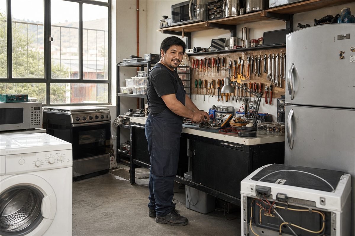 Técnico reparando un electrodoméstico en su taller
